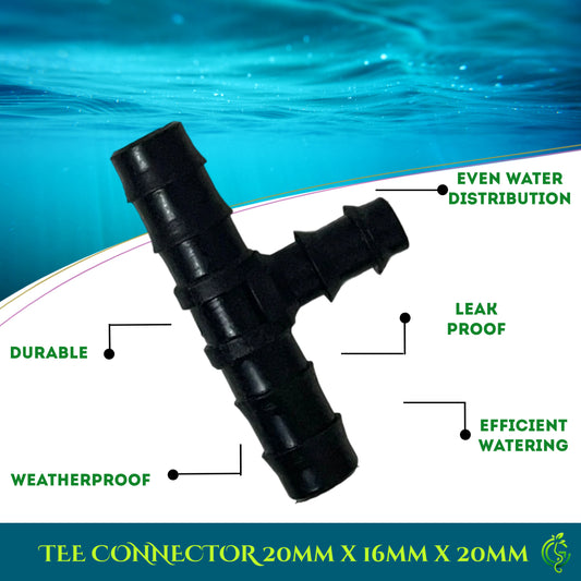 Drip Irrigation System Tee Connector 20mm x 16mm x 20mm (Pack of 5)