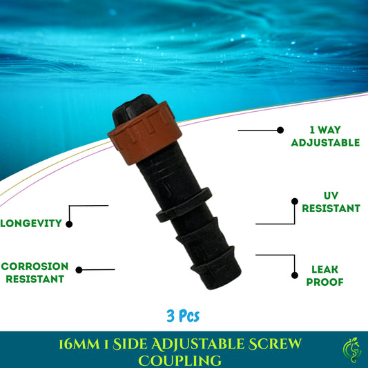 Drip Irrigation System 16mm 1 Side Adjustable Screw Coupling (Pack of 3)